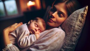 baby peacefully sleeping on their mother's chest.