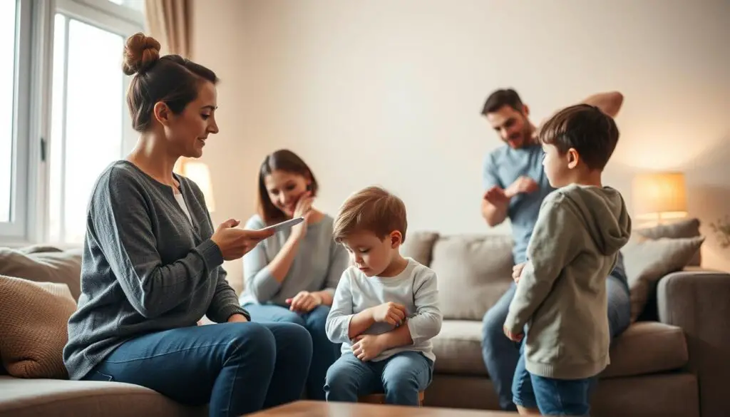 A cozy domestic scene of three Type C parents employing disciplinary strategies with their children. In the foreground, a calm and patient parent gently explaining consequences to a listening child. In the middle ground, a parent modeling emotional self-regulation, comforting a child during a tantrum. In the background, a parent confidently setting clear boundaries as a child reluctantly complies. Warm lighting, soft textures, and nurturing body language convey the authoritative yet empathetic nature of Type C parenting discipline. The image is free of distractions, allowing the core parenting techniques to shine.