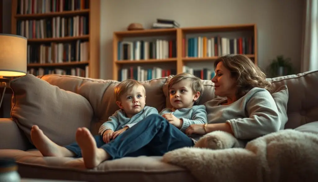 A cozy living room scene, a mother and child lounging on a plush sofa, deep in conversation. Warm, diffused lighting from a nearby floor lamp casts a soft, introspective glow. The child's eyes are wide with curiosity, while the mother's expression is one of patient understanding. In the background, bookshelves line the wall, hinting at a household filled with knowledge and wisdom. The overall atmosphere is one of openness, trust, and the gentle transition to a new, more empowered parenting approach.