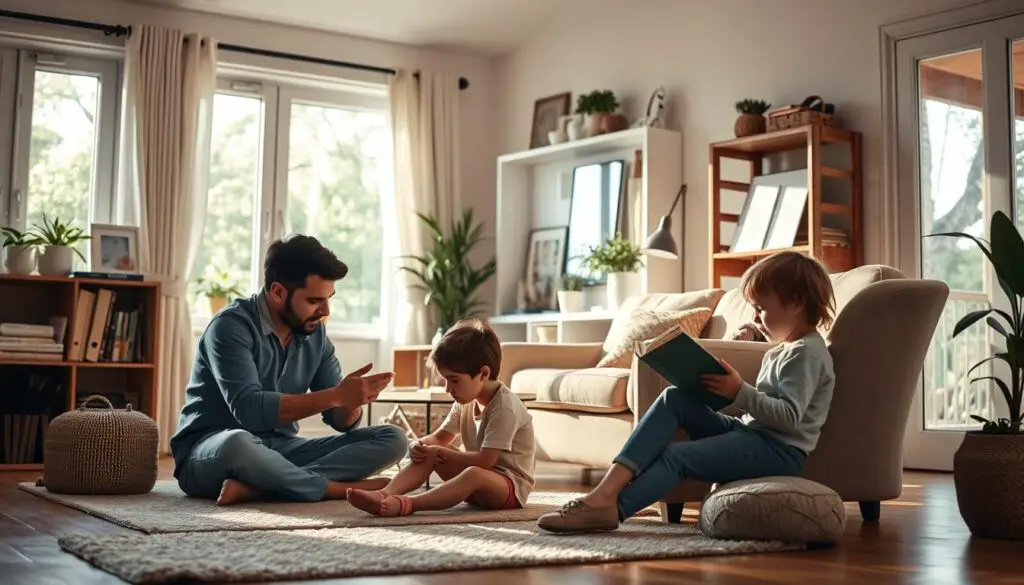A cozy, well-balanced family scene depicting "Type C Parenting". In the foreground, a parent (gender neutral) sits on the floor, playing intently with a young child. Nearby, another child is absorbed in a book, leaning against a plush armchair. Soft, ambient lighting filters through large windows, creating a warm and nurturing atmosphere. The middle ground showcases a tidy, organized living space with thoughtful displays of family keepsakes and plants, reflecting a harmonious blend of structure and flexibility. In the background, hints of an outdoor scene suggest a connection to nature, symbolizing the Type C Parenting approach of balancing structure and freedom. The overall composition conveys a sense of peaceful equilibrium and mindful parenting.