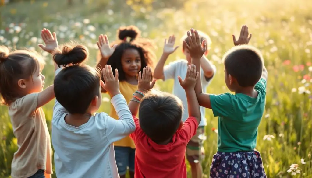 A group of diverse children standing in a circle, hands raised to set their personal boundaries. Soft morning light filters through a meadow of wildflowers in the background. The children's expressions are thoughtful and determined as they learn to advocate for themselves, guided by a caring adult figure. A sense of safety, empowerment and exploration pervades the scene. All Day Parenting
