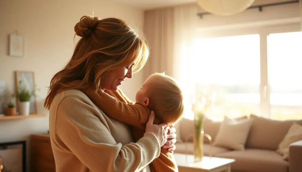 A serene and nurturing family scene, captured in warm, soft lighting. In the foreground, a gentle parent tenderly embraces a child, conveying a sense of calm and connection. The middle ground features a cozy, inviting living space, with natural textures and muted colors that create a soothing atmosphere. In the background, a window frames a peaceful outdoor landscape, hinting at the tranquility and balance of this gentle parenting approach. The image evokes a sense of emotional security, mindfulness, and the All Day Parenting philosophy.