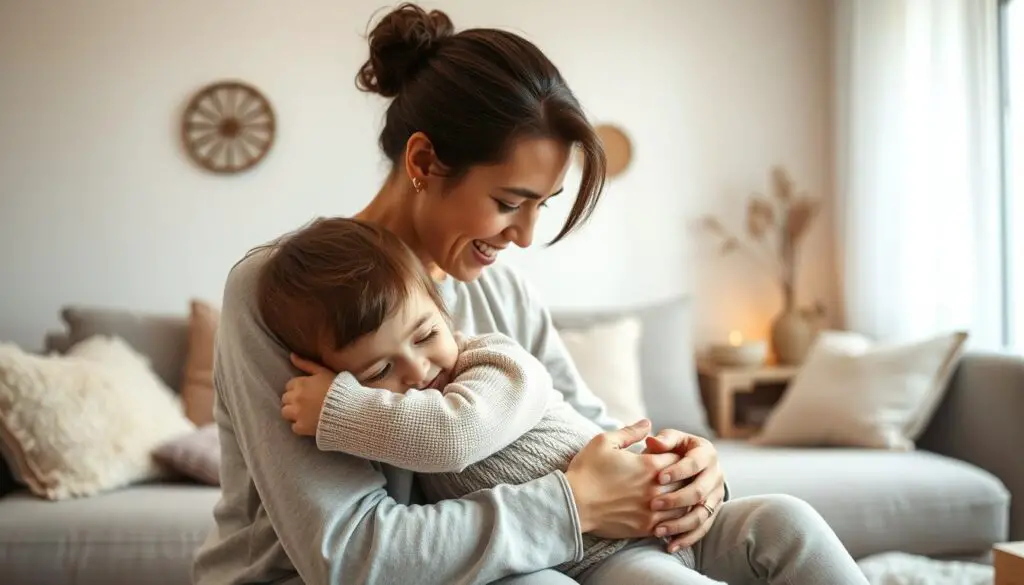 A serene, comforting domestic scene of a Type C parent and child engaging in gentle, nurturing activities. In the foreground, the parent tenderly embraces the child, their expressions radiating warmth and attentiveness. The middle ground features a cozy, well-lit living space with plush, inviting furnishings. In the background, subtle, nature-inspired decor and soft, natural lighting create a calming atmosphere. The overall mood is one of tranquility, balance, and the mutual fulfillment found in the Type C parenting approach.