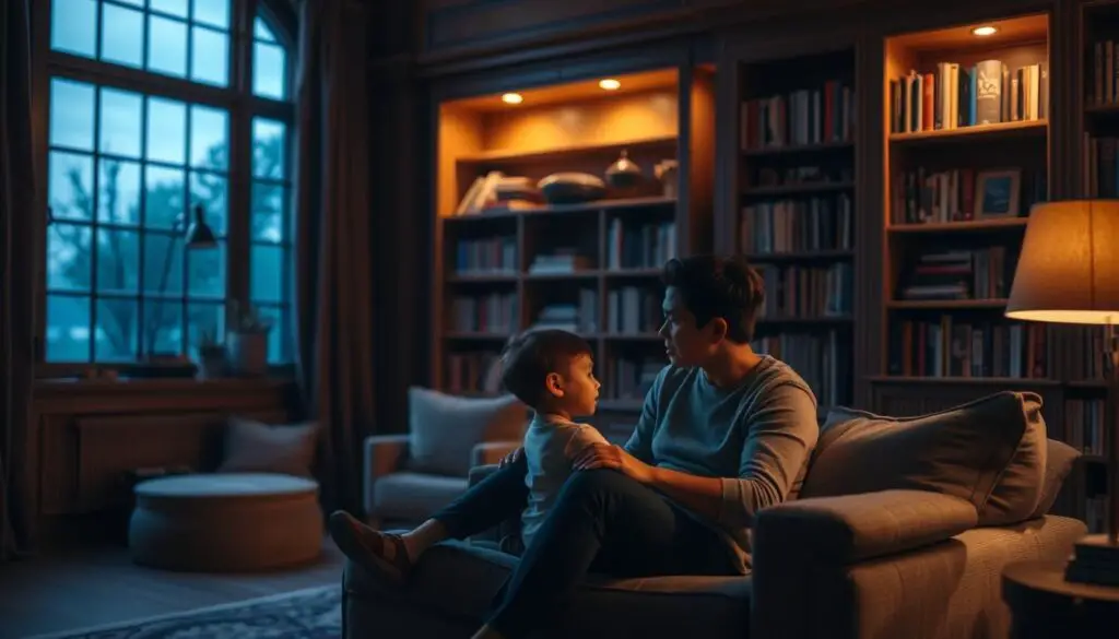 A serene, dimly lit study with warm wooden accents and soft, ambient lighting. In the foreground, a parent and child sit together on a plush couch, engaged in a thoughtful discussion. The parent's body language conveys calm, attentive presence, while the child's expression reflects a sense of trust and understanding. In the middle ground, bookshelves line the walls, representing the wealth of knowledge and resources available to guide effective boundary setting. The background features a large window overlooking a tranquil outdoor scene, symbolizing the balance between structure and exploration. The overall mood is one of contemplation and mutual growth, reflecting the "All Day Parenting" ethos.