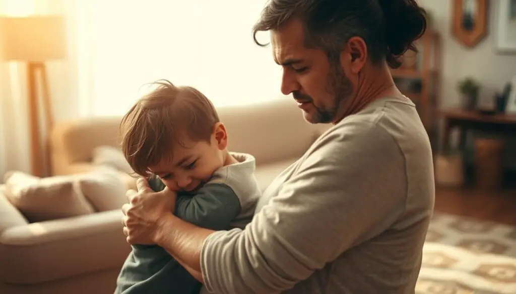 A tranquil living room, bathed in warm, soft lighting. In the foreground, a weary parent tenderly embraces their child, who is in the midst of an emotional outburst. The parent's expression is one of empathy and understanding, their body language conveying a sense of calm reassurance. In the middle ground, simple yet comforting furnishings - a plush armchair, a cozy rug, and a soothing color palette - create an atmosphere of safety and comfort. The background is blurred, but hints at a serene, nurturing environment, perhaps with a few plants or artwork to add depth and texture. The overall mood is one of gentle care and support, where the parent and child can reconnect amidst the intensity of the moment.