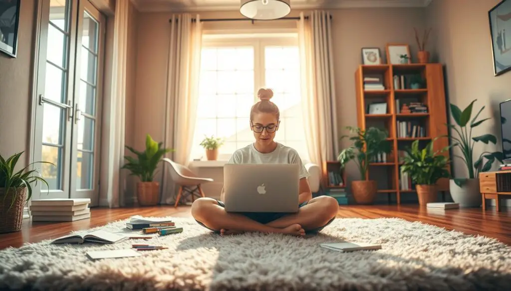 A vibrant, dynamic scene depicting a flexible daily routine. In the foreground, a person sits cross-legged on a plush rug, laptop open, surrounded by an assortment of stationery. Midground, a large window floods the room with warm, natural light, casting a soft glow. In the background, a bookshelf and plants add a sense of order and balance. The atmosphere is one of focused productivity, with an undercurrent of adaptability and ease. The camera angle is slightly elevated, providing an overview of the harmonious environment. Lighting is soft and diffused, creating a serene, contemplative mood. The style is a blend of realism and impressionism, capturing the nuances of a flexible routine in a visually compelling way.