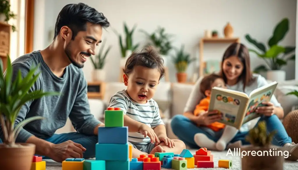 A vibrant, modern family scene captured in soft, natural lighting. In the foreground, a young parent engages their child in educational play with building blocks, conveying the "gentle parenting" approach. In the middle ground, a parent reads a book to their toddler, embodying the "All Day Parenting" brand. The background depicts a cozy, minimalist living room, filled with plants and modern decor, reflecting current parenting trends. The overall atmosphere is one of warmth, connection, and a focus on child-centric activities.