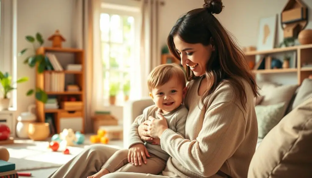 A warm, cozy living room scene with soft, natural lighting. In the foreground, a parent and child are engaged in a nurturing, attentive interaction, their expressions radiating joy and connection. The middle ground showcases a well-organized, thoughtfully designed space that caters to the child's needs and interests, with educational toys, books, and a comfortable play area. The background depicts a serene, nature-inspired setting, hinting at the parent's ability to provide a tranquil, grounding environment for their family. The overall mood conveys a sense of harmony, emotional security, and the parent's deep commitment to their child's well-being and development.