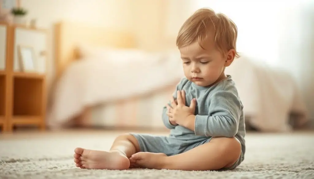 A young child sitting on the floor, deeply focused on regulating their emotions. The foreground features the child's face, brow furrowed in concentration, with their hands placed gently on their chest, breathing deeply. The middle ground shows the child's body, legs crossed, in a serene, grounded pose. The background is softly blurred, suggesting a peaceful, calm environment, perhaps a cozy bedroom or a quiet corner of a room. The lighting is warm and diffused, creating a sense of introspection and self-awareness. The overall mood is one of mindfulness, resilience, and the child's journey towards emotional regulation.