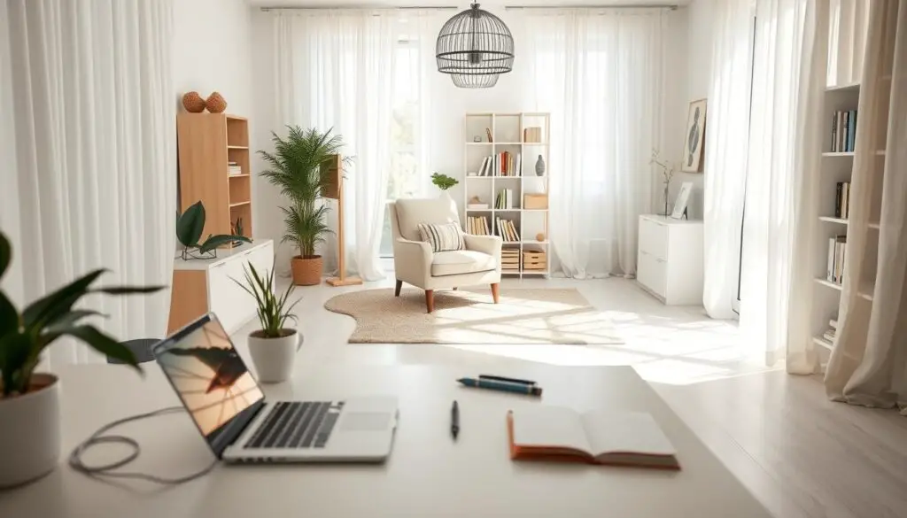 An airy and minimalist home workspace, bathed in soft natural light filtering through sheer curtains. In the foreground, a desk with a laptop, a notebook, and a potted plant - symbols of a flexible, adaptable routine. The middle ground features a comfortable armchair and a cozy rug, inviting moments of relaxation and contemplation. In the background, bookcases and artwork suggest a space of creativity and intellectual stimulation. The overall atmosphere is one of balance, where structured tasks and free-flowing moments coexist harmoniously, reflecting the principles of a "Type C" approach to daily life.